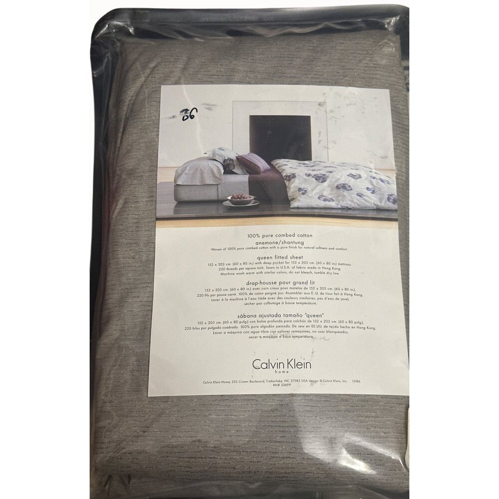 Calvin Klein Home Queen Fitted Sheet 100% Pure Cotton Shantung Amethyst Gray
